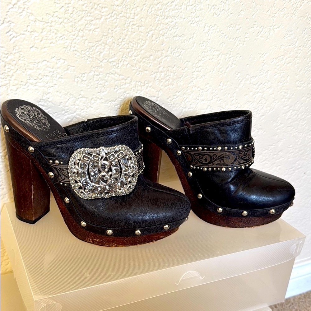 Vince Camuto Black Leather Clogs with Silver Jeweled Accents - Picture 2 of 6